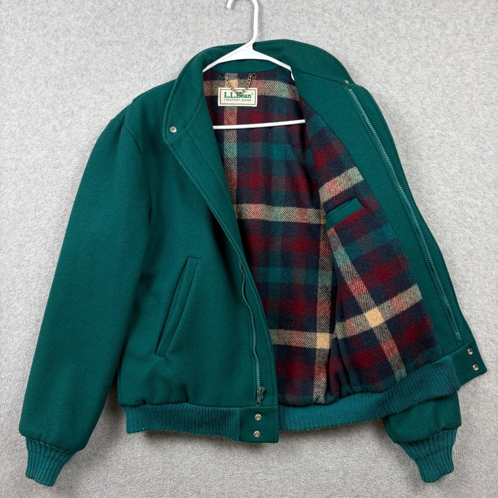 Vintage LL Bean Jacket Womens Medium Teal Green Wool Flannel Lined Bomber 80s